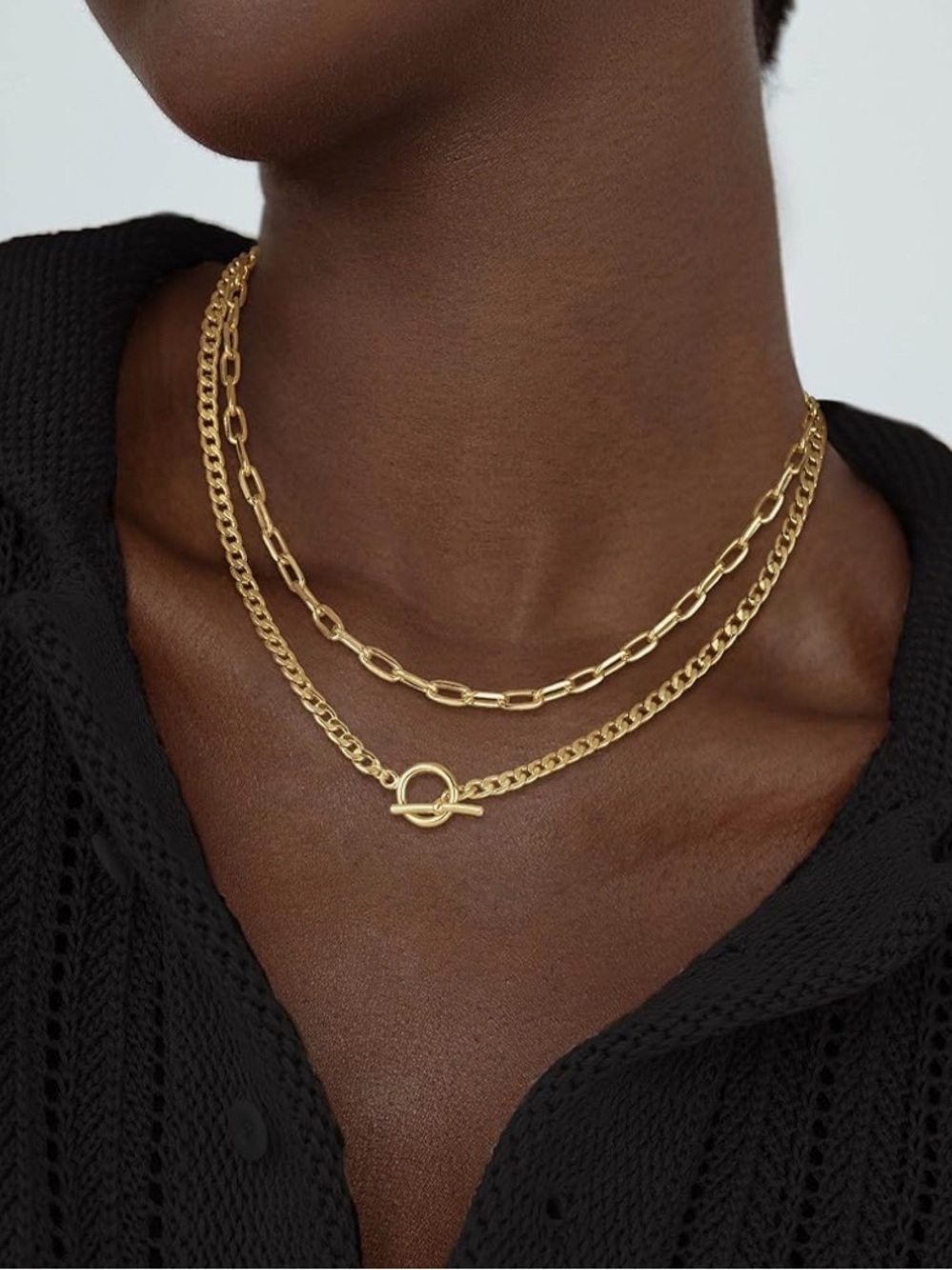 14K Gold Plated  Layered Chain Cuban Link And Paperclip Necklace Set
